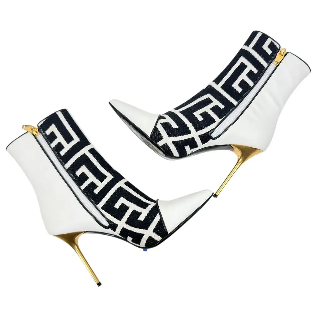 Balmain Roni Monogram Jacquard Leather Ankle Booties White Size 37.5